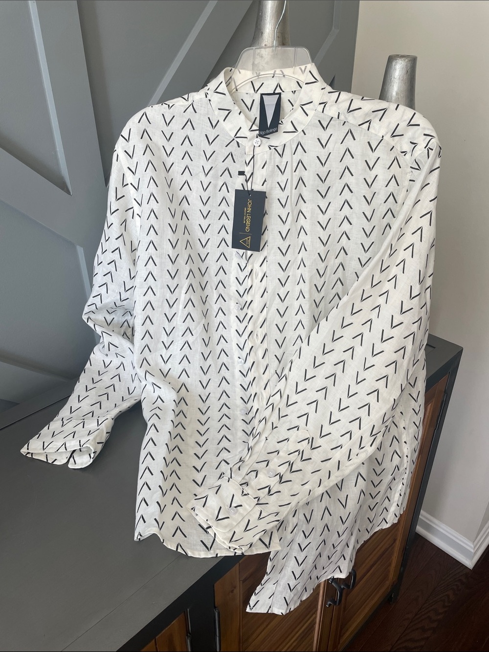Men's White Dress Shirt with Black Chevron Print